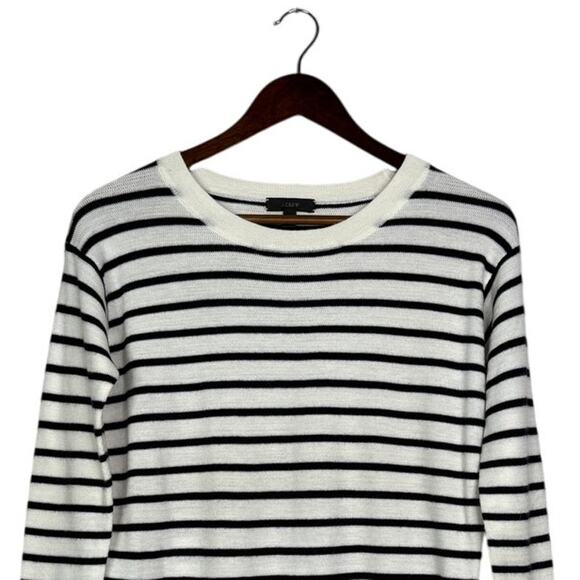 J. Crew Striped Leather Panel Wool Knit Long Sleeve Sweater XS Black Cream #4247 - Picture 3 of 15